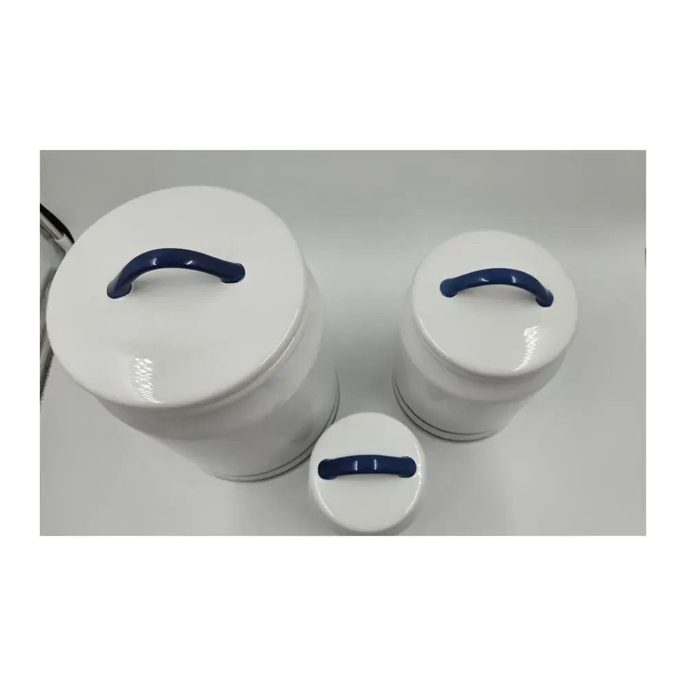 Martha Stewart Farmhouse White w/ Blue Stripe Ceramic Canister Set